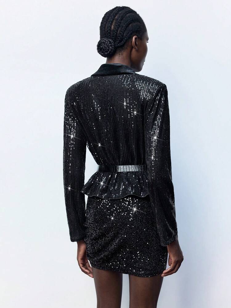 SHEIN Maija Women's Fashionable Black Sequin Patchwork Blazer For Autumn