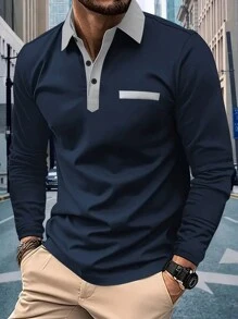 Manfinity Dauomo Camisa polo de manga larga de uso diario minimalista con colores contrastantes para hombres