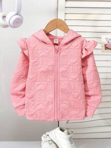 SHEIN 女童时尚秋冬韩版可爱3D花卉图案连帽拉链开衫，女宝宝薄款春秋外套