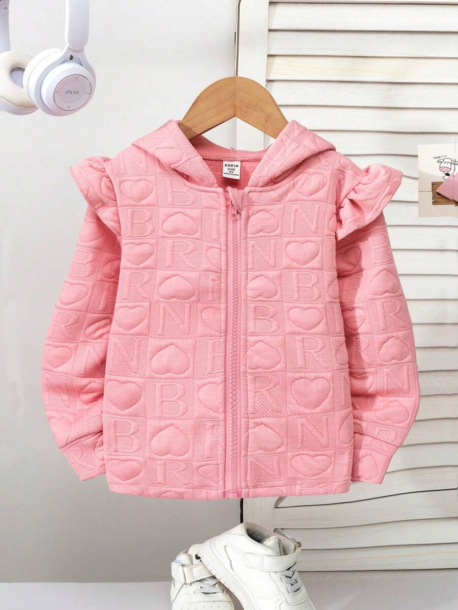 SHEIN 女童时尚秋冬韩版可爱3D花卉图案连帽拉链开衫，女宝宝薄款春秋外套