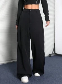 SHEIN EZwear Pantalones de traje de color liso con estilo vintage de vuelta al colegio para mujeres, pantalones versátiles y frescos de estilo callejero - Negro - Ver 5