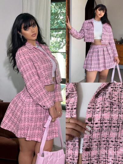 Flirla Plus Size Plaid Printed Button-Front Jacket And Pleated Skirt Elegant 2 Piece Set, For Winter Fall Cloth For Women