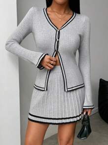 SHEIN LUNE 2pcs Women's V-Neck Contrast Trim Blouse And Striped Pleated Skirt Sweater Set Fall Winter Cloth For Women - Multicolor - View 3