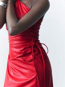 Maija Women's Solid Color Asymmetrical Shoulder Tie-Up Slit Dress - Red - View 3