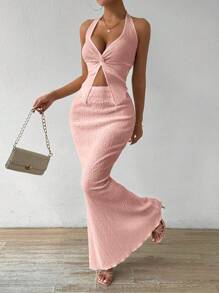 Rafferiza 2 chiếc/bộ áo hở lưng gợi cảm màu trơn mùa hè và chân váy đuôi cá - Hồng - Xem 3