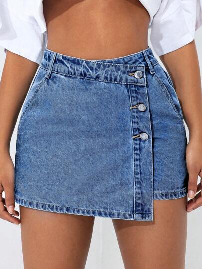 SHEIN PETITE Pantalones cortos de mujer de mezclilla desgastada y descolorida