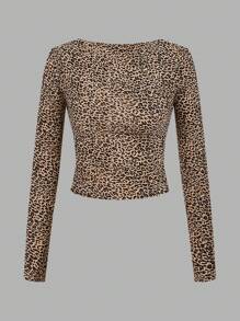 SHEIN EZwear 2 件套豹纹露背圆领长袖修身短款女式 T 恤，适合秋季 - 彩色 - 查看 5