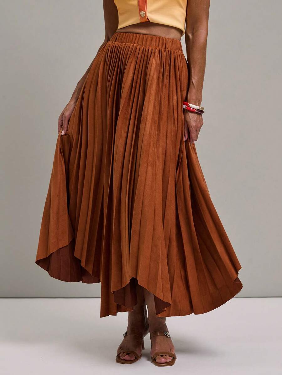SHEIN Unity Women Solid Color Simple Everyday Pleated Skirt - Rust Brown - View 1