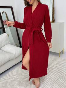 女士红色法兰绒腰带深 V 领中长睡袍睡衣，适合秋冬 - 紅色 - 查看 4