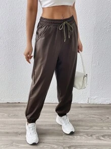 Chiquease Damen einfache braune Leder Hose mit Kordelzug - Braun - Übersicht 6