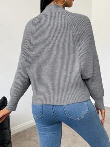 Chiquease 立领不对称下摆长袖套头毛衣，秋冬针织套头衫 - 灰色 - 查看 2