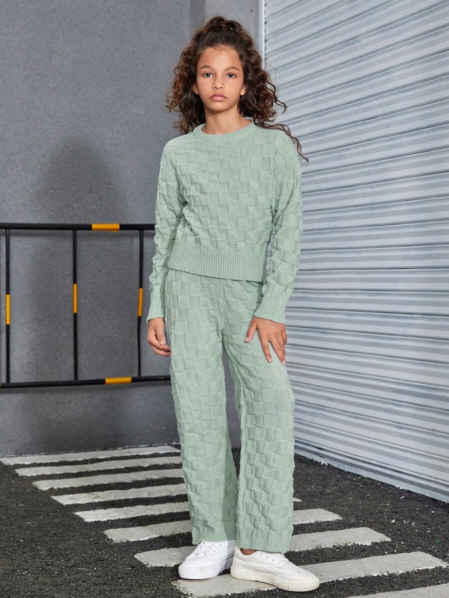 Tween Girls' Simple Knit Long Sleeve Sweater Set, Autumn & Winter - Green - View 1