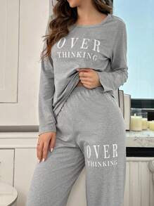 字母印花长袖睡衣套装，秋冬舒适优雅细节 - 灰色 - 查看 5