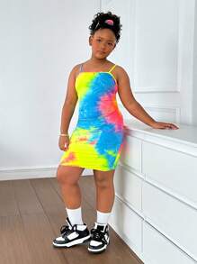 SHEIN Tween Girls' Fitted Casual Scrunchie With Tie-Dye Camisole And Pleated Side Dress