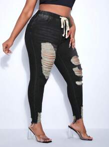 SHEIN Lady Plus Size Women Ripped Fashionable Denim Jeans - Black - View 5