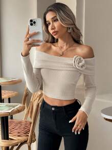 SHEIN Frenchy Women 3D Floral Off-Shoulder T-Shirt,Women's One Shoulder Knitted Autumn Long Sleeve T-Shirt,Fall Women,Winter Women Dress,Fall Shirts,Off Shoulder,