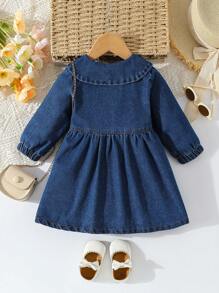 SHEIN Vintaside Kids 女宝宝休闲花卉圆领宽松牛仔连衣裙 - 中等水洗藍 - 查看 2