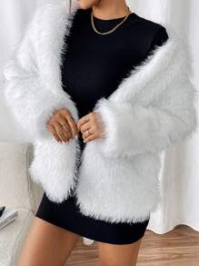 Chiquease Women's Solid Color Fluffy Long Sleeve Jacket - White - View 5