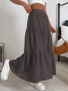 SHEIN EZwear Falda unicolor bajo con fruncido - Café integral - Ver 4