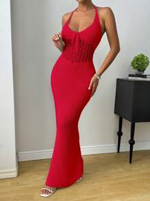 Chiquease Đầm nơ eo màu trơn cho nữ - Đỏ - Xem 3