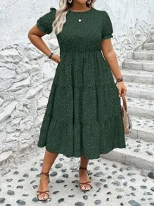SHEIN Clasi Plus Size Women Boho Leopard Print Round Neck Short Sleeve Dress Women Outfit, For Summer - Green - View 3