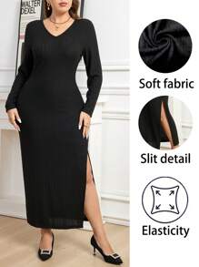 SHEIN Clasi Robe côtelée à col en V fendue à haute élasticité, taille grande