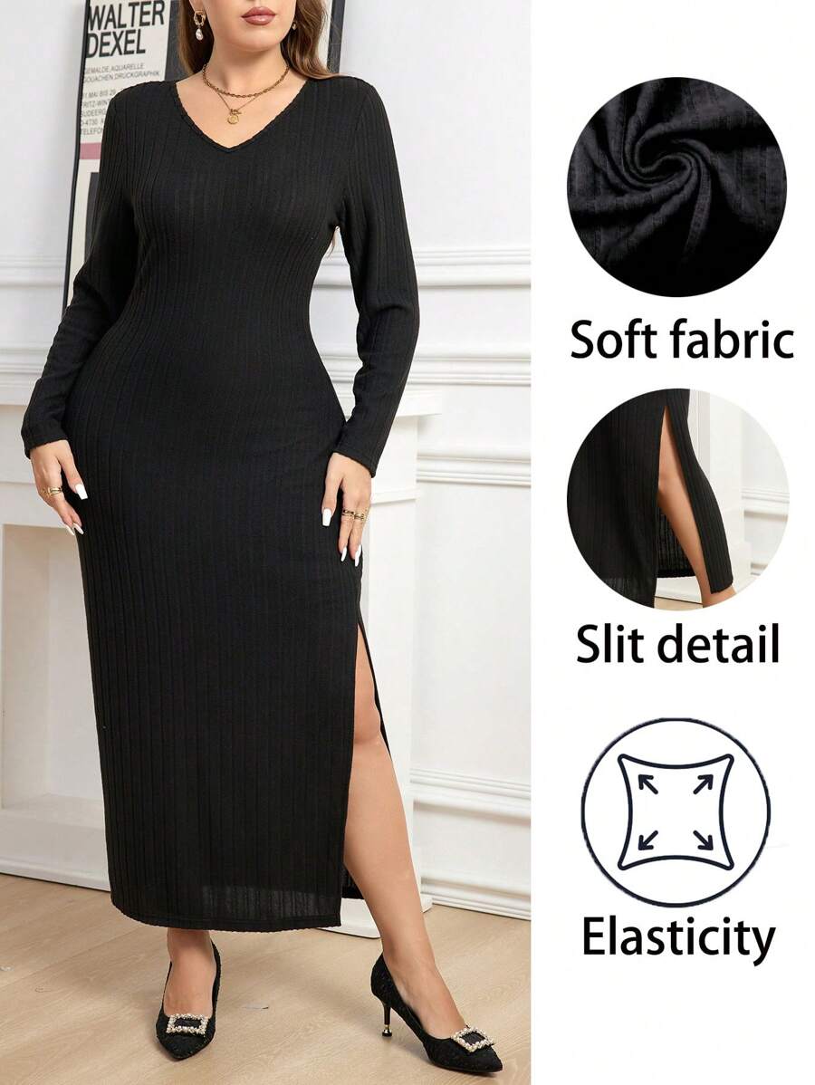 SHEIN Clasi Robe côtelée à col en V fendue à haute élasticité, taille grande