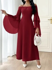 Modelyn Burgundy Red Women's Solid Color Halter Backless Ruffle Trim Casual Dress Long Evening Dresses - Burgundy - View 6