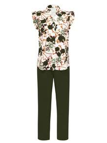 Xyvia 2pcs Women Summer Casual Floral Print Ruffled Sleeve Blouse And Solid Color Pants Set