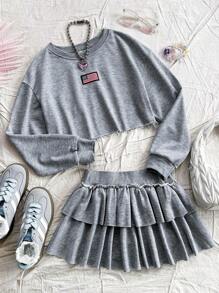 Soleia 2 件套休闲短款长袖运动衫和蛋糕中裙 - 灰色 - 查看 1