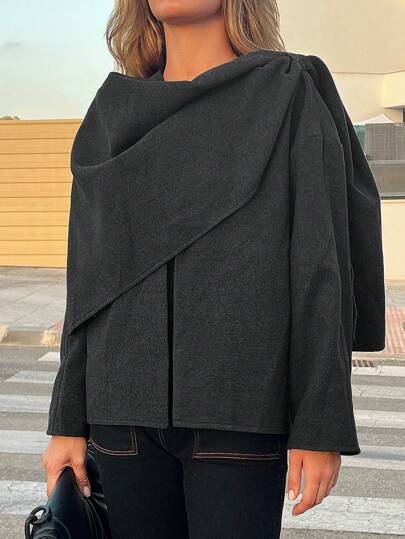 SHEIN Privé 大码纯色环绕开衩优雅长袖外套，适合冬季