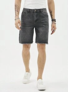 Manfinity Hypemode Men's Solid Color Frayed Hem Pocket Denim Shorts For Summer - Grey - View 3