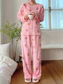DAZY Cute Strawberry Pattern Flannel Thickened Pajama Set - Pink - View 1