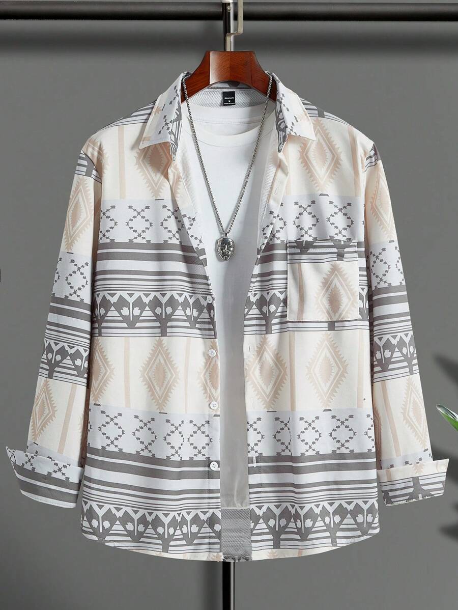 Manfinity Homme Men's Retro Style Printed Long Sleeve Jacket - Multicolor - View 1