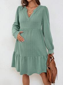 SHEIN Solid Color Knitted Long Sleeve Maternity Dress - Green - View 5