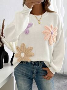 Chiquease Áo len nữ Dopamine dệt kim kiểu dáng rộng rãi, họa tiết hoa, cổ tròn, tay dài, có khóa dán, thích hợp cho mùa Thu/Đông. - trắng - Xem 7