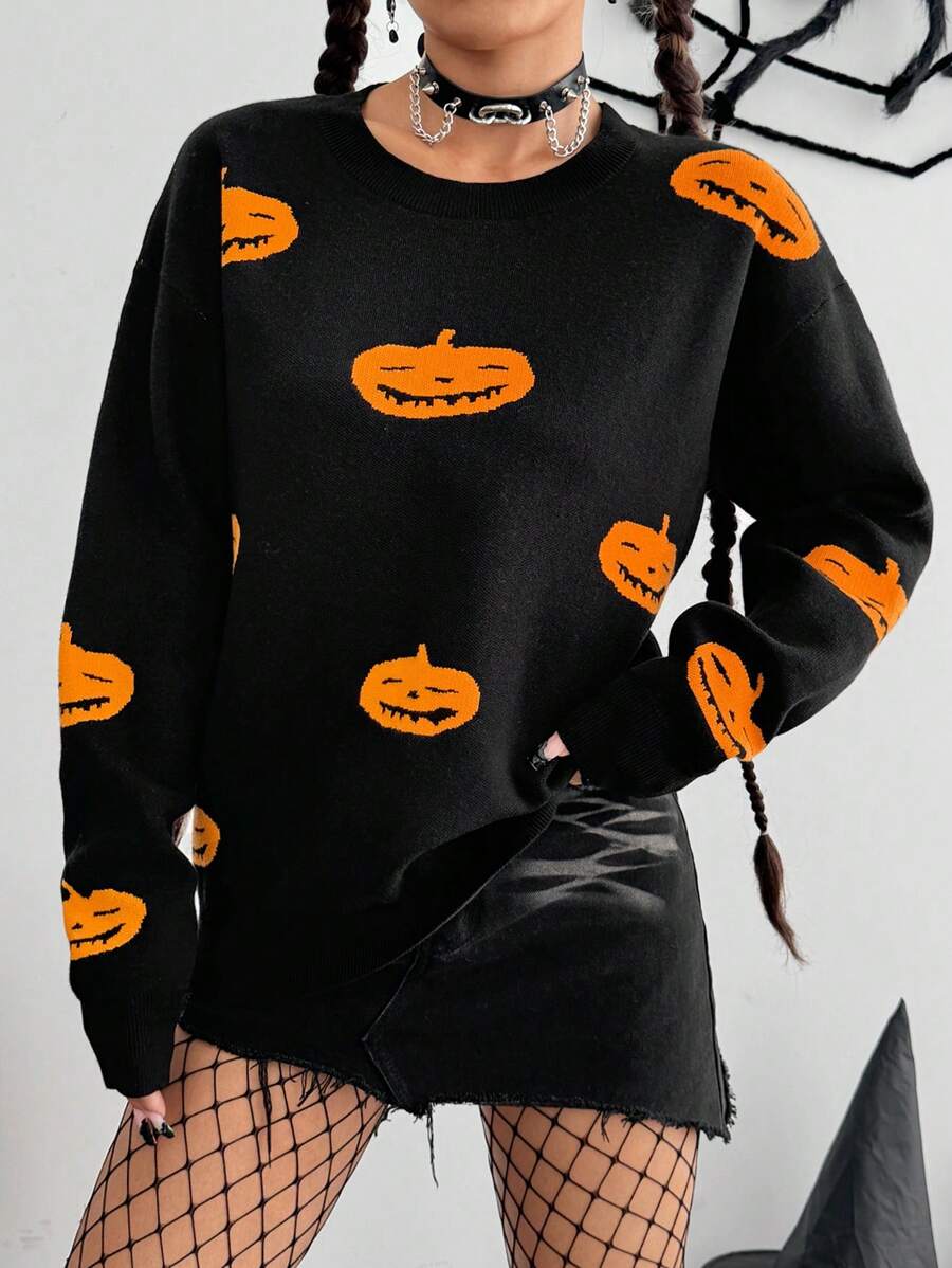 SHEIN Unity Women's Fall Pumpkin Pattern Crew Neck Long Sleeve Pullover Sweater, Knit Pullover Fall Winter - Black - View 1