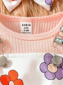 SHEIN 2pcs Baby Girl Ribbed Solid Color Romper & Floral All Over Print Pinafore Dress Set