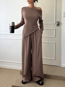 DAZY Asymmetrical Open Shoulder Casual Loungewear Set Pajama