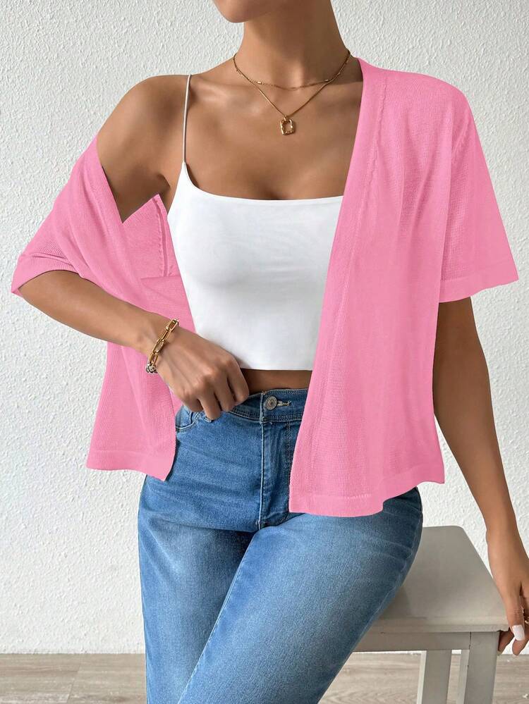 SHEIN LUNE Áo len cardigan dệt kim màu trơn thường ngày cho nữ - Hồng - Xem 5
