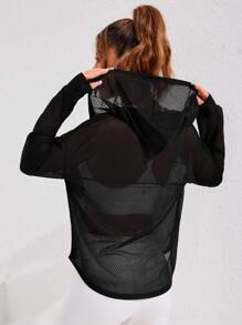 SHEIN Sport Studio Spring & Summer Casual Solid Color Sheer Hooded Sports Jacket