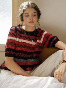 Knit Mix Áo len dệt kim họa tiết hình học thường ngày cho nữ mùa xuân/thu, cổ tròn, tay ngắn, màu tương phản, áo phông rộng rãi cho mùa hè, (In ngẫu nhiên) Ngày lễ tình nhân - màu đen - Xem 6