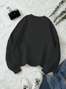 SHEIN LUNE Plus Size Crew Neck Long Sleeve Letter Print Minimalist Halloween Sweatshirt, Casual Daily Wear