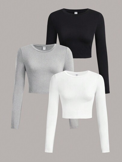 SHEIN Girlism Set da 3 pezzi Maglie a maniche lunghe a collo a ciambella casual crop top per ragazze pre-adolescenti