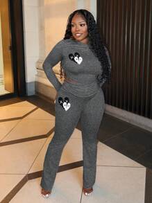 Slaydiva Bộ 2 món áo và quần dài tay xếp ly in hình trái tim, kiểu dáng thanh lịch, thường ngày dành cho nữ - H - Màu xám đen - Xem 1