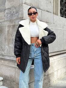 EURMUSE Women Padded Coat, The Waist-Closed Shape-Elegant Style, Contrast Colour, Rib Cuff - Black - View 6