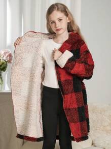SHEIN Meisjes Casual Warm 2024 Kerstmis & Nieuwjaar Plaid Fleece Capuchonjack voor Tween