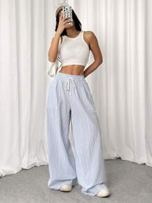 SHEIN EZwear 女士时尚抽绳腰宽松低腰条纹街头风格休闲裤 - 白色 - 查看 1