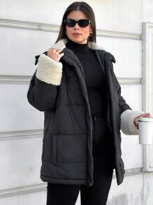 RueChic Women's Plus Padded Jacket With Fur Collar - Black - View 6