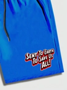 ROMWE MEN SUPERMAN X ROMWE Bộ 2 quần áo thể thao in hình anh hùng anime giản dị có dây rút cho nam - Màu xanh lam - Xem 8